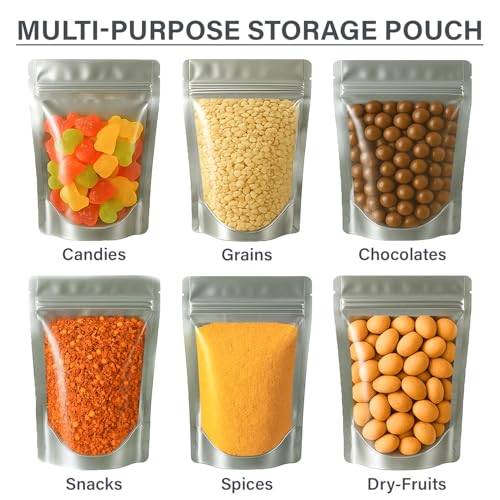 Image of Transparent Front /Silver Back Stand-Up Zipper Pouch, 14cm x 21cm, Pack of 10, Food Grade, Reusable LDPE Zip Lock Bags for Food Storage & Packaging Capacity 250g