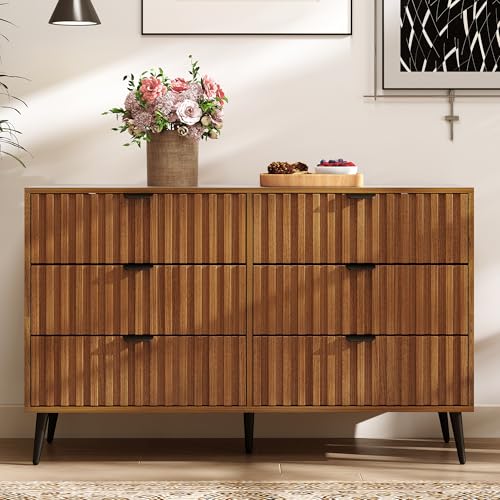 Image of Fluted Dresser for Bedroom with 6 Drawers, Walnut Modern Dresser with Metal Handle, 47'' Wide Natural Wood Dressers Organizer with Blister Drawers for Bedroom