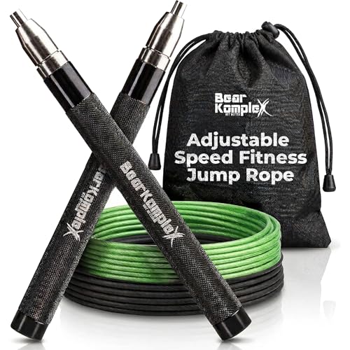 Bear KompleX - Speed Jump Rope - Adjustable Cross Training Boxing Fitness, Tangle-Free Skipping Rope Steel Cable 360° Swivel Bearings, Lightweight Aluminum Handles - Professional Size, Black Ice Color