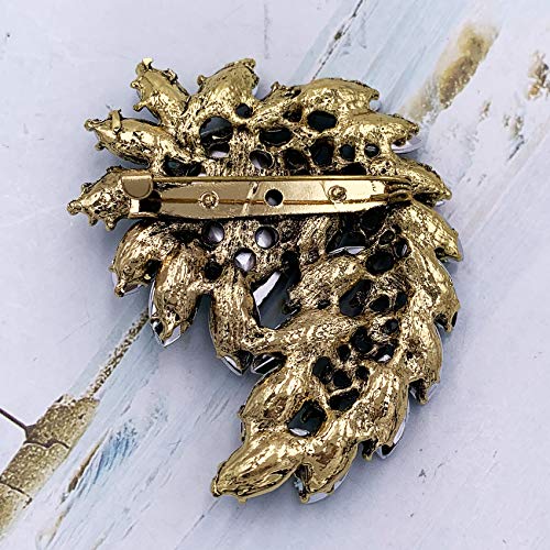 Selovo Marquise Shape Large Flower Green Brooch Pin Jewelry Antiqued Gold Tone #TOP3