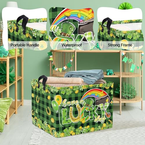 Image of Clastyle Lucky Clovers Saint Patrick's Day Baby Gift Basket Collapsible Rectangle Gold Coin Kid Toy Storage Box Rainbow Plaid Clothes Book Shelf Basket, 36L Green