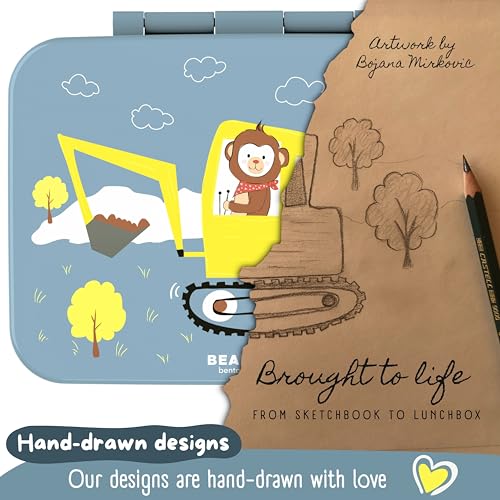 Image of Kids Lunch Box with Compartments - Compact & Lightweight | Leak-Proof, BPA-Free, Dishwasher Safe | Hand-Drawn Design for Preschool, School, Travel (Excavator Monkey Blue, 2.75 Cups)