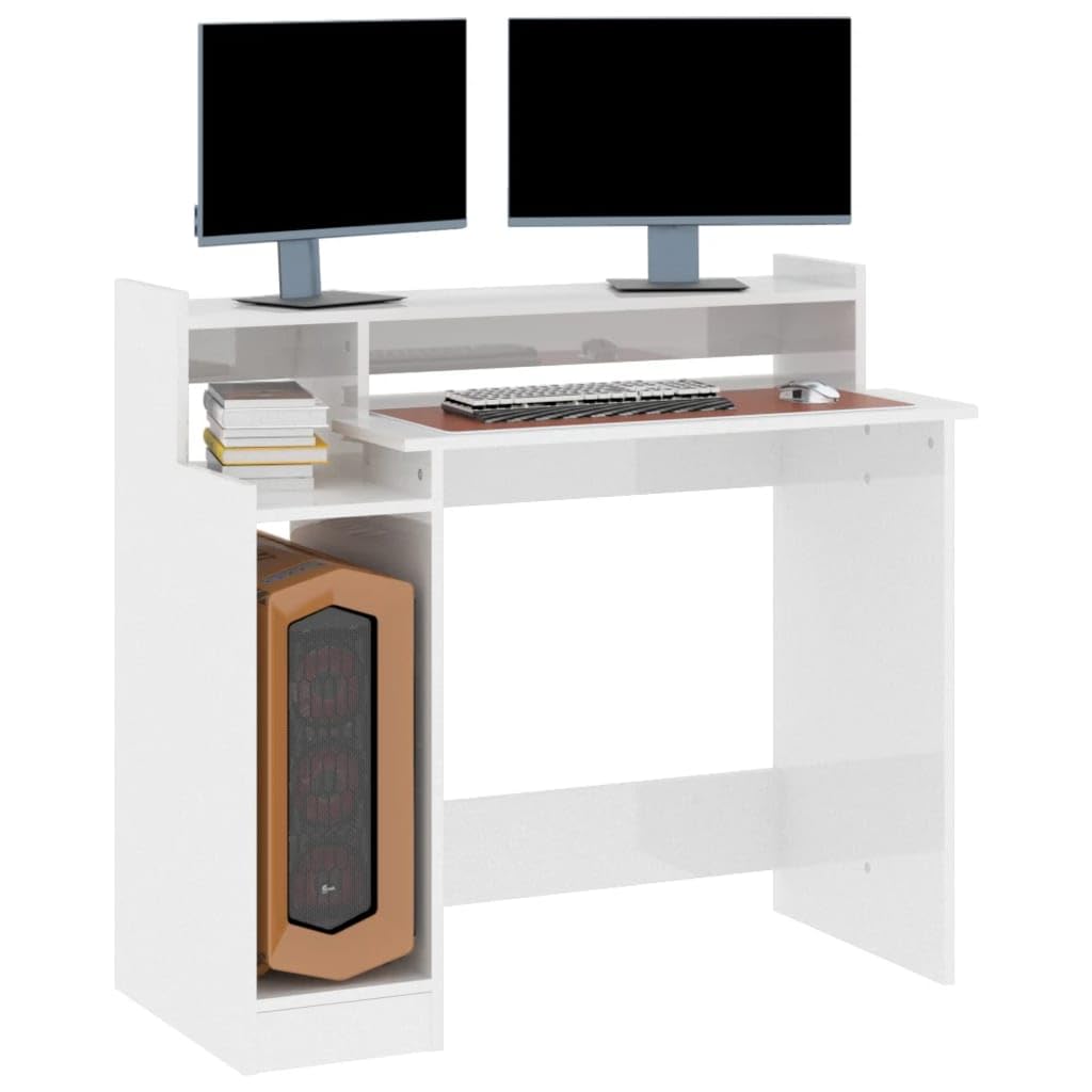 Bureau en Bois d'ingénierie Blanc Brillant avec éclairage LED intégré 97x45x90cm pour Ordinateur, étude, Gaming, Meuble de Travail, Design Pratique et Ambiance Moderne