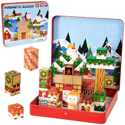 Mirthben Bloques magnéticos de viaje para niños, 49 bloques de construcción magnéticos para niños a partir de 3 años, juguete de construcción creativa, regalo para niños y niñas (Papá Noel)