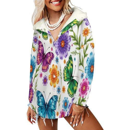 Manteaux à capuche femmes fleurs et papillon en polaire sherpa multicolore