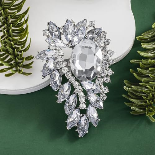 Image of SELOVO Leaf Flower Green Rhinestone Crystal Brooch Pin Accessory Gold Tone