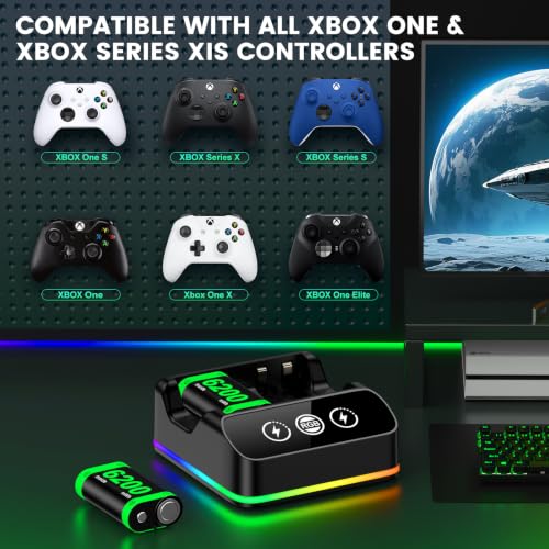 Image of DXKK 2x6200mWh Rechargeable Battery Pack for Xbox One /S /X, Series X|S, One Elite Wireless Controller, with Fast Charger, Extended USB C Cable, Ambient Light