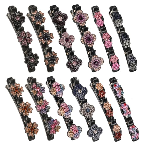 12PCS Sparkling Crystal Stone Braided Hair Clips for Women Girls Shiny Flower Rhinestone Hair Clip Braided Duckbill Hair Clip With Crystal Hair Accessories for Styling