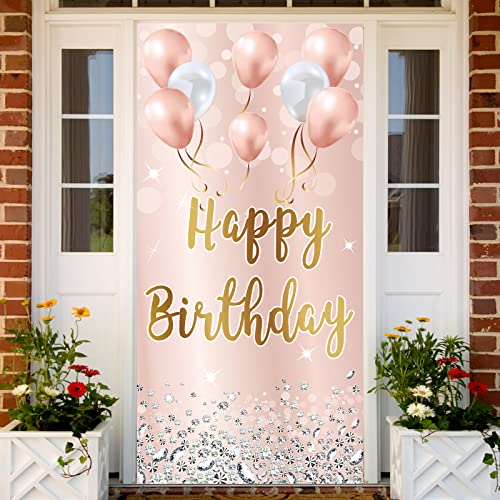 Image of Pink Rose Gold Happy Birthday Door Banner Backdrop Decorations for Women Girls, Happy Birthday Party Door Cover Sign Background Supplies for 16th, 21st, 30th, 40th, 50th, 60th Birthday