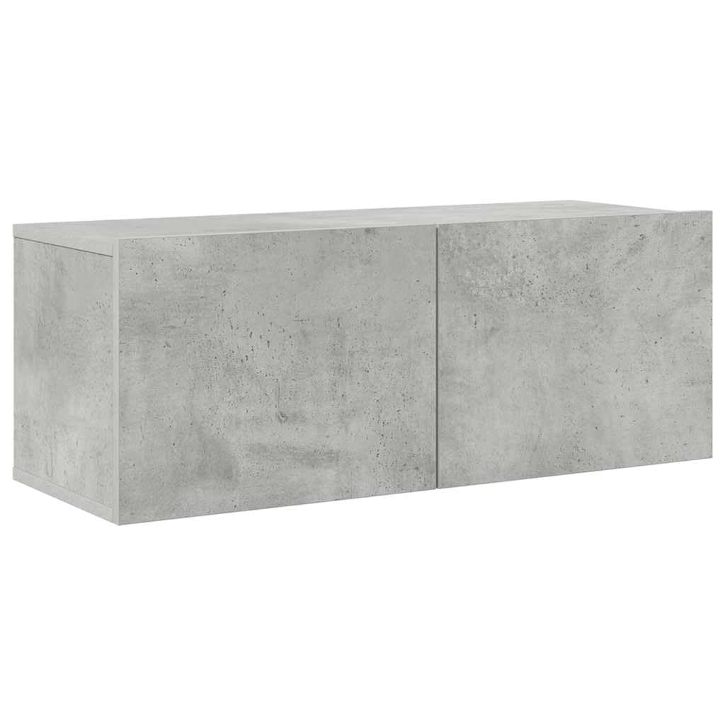 7-TLG. TV-Schrank-Set Betongrau Holzwerkstoff, Wandmontage Lowboard für Wohnzimmer, modernes Media-Center mit reichlich Stauraum