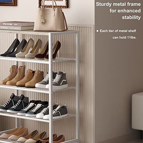 Image of HOMEFORT 5-Tier Shoe Rack, Storage Shelf, Industrial Tower, Narrow Organizer for Closet Entryway, Small Table With Durable Metal Shelves, White Oak