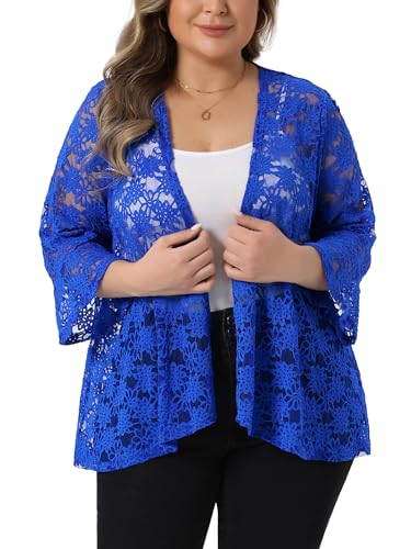 Image of Agnes Orinda Women Plus Size Open Front Lace Cardigans | 3 /4 Bell Sleeve Sheer Formal Bolero Shrugs Lightweight Floral Crochet Cover Up