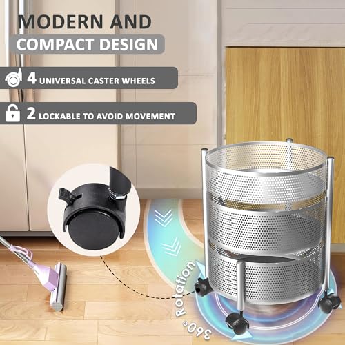 Image of Kuber Industries 3 Layer Metal Kitchen Storage Rack /Trolley with Wheels | Round Shape - Silver