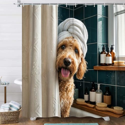 Image of Funny Dog Shower Curtain for Bathroom, Cute Fun Teddy Dog Animal Shower Curtain, Funny Puppy Hilarious Waterproof Bath Curtain Polyester Fabric with 12 Hooks 72x84 Inch