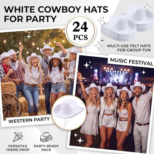 Image of Janmercy 24 Pack White Cowboy Hats Bulk for Adult Western White Plain Cowboy Hats with String Texan Wide Brimmed Cowgirl Hat