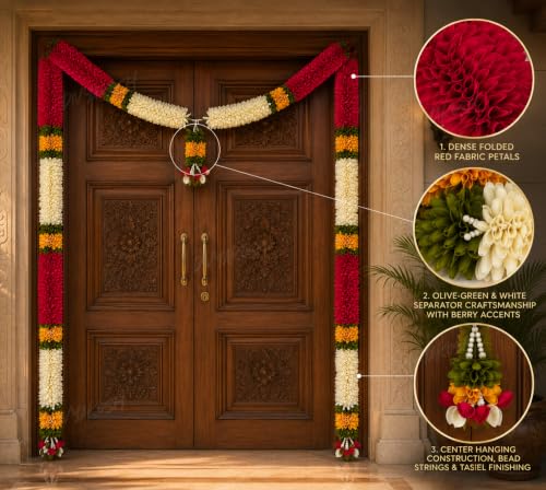 Image of Divyakosh Toran Set (with Side Hanging), Toran for Main Door Entrance, Fabric, Handmade, Dark Pink & White Floral Banderwal, Big Size, Width 3.5 FT & Height 4 FT