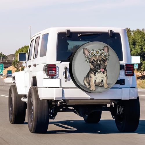 Image of Delerain Spare Tire Cover with Backup Camera Hole French Bulldog with Daisy Wheel Covers Waterproof Dust-Proof UV Sun Universal Fit for Jeep Trailer RV SUV Truck (18 Inch for Diameter 32 inch-34 inch)