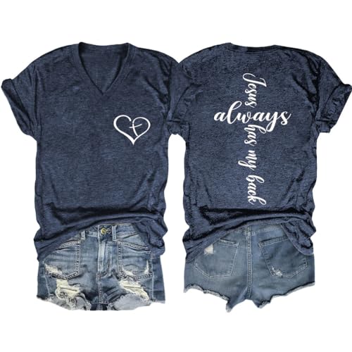 Image of Jesus Christian Shirts Womens Jesus Always Has My Back Tshirt Religious Faith T-Shirt V Neck Inspirational Funny Top