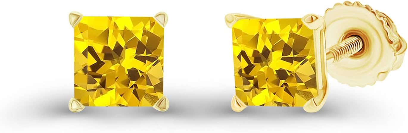 14K Gold Plated 925 Sterling Silver Hypoallergenic 4mm Square Princess Cut Genuine Birthstone Solitaire Screwback Stud Earrings