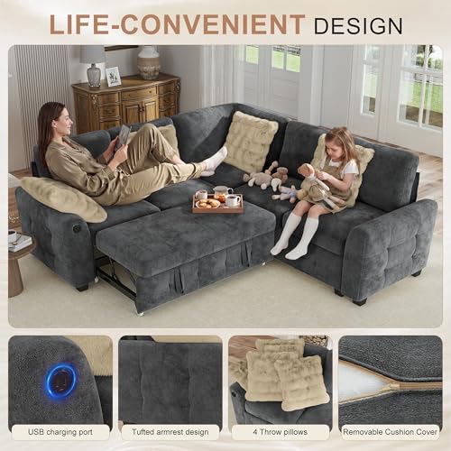 Image of Hanherry Sectional Sofa with Pull Out Couch Bed,Chenille Sleeper Sofa with 2 Seat Storage & USB Charging,Comfy L Shaped Modular Couches for Living Room,Apartment