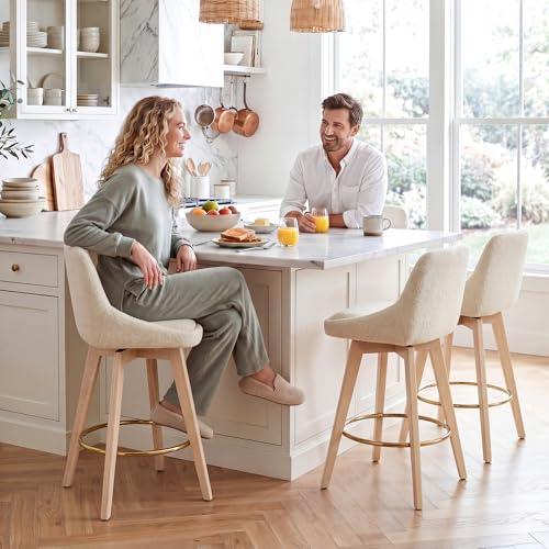 Image of Zesthouse Swivel Counter Height Stools Set of 4, 26 inch Wooden Barstools with Back & Solid Wood Legs, Modern Upholstered Bar Stools for Kitchen Island, Beige Linen Fabric Counter Height Chairs