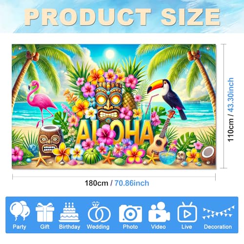 Image of BlissYard Aloha Banner 71 x 43 Inch Hawaiian Luau Backdrop Tiki Mask Flamingo Toucan Tropical Beach Summer Party Decorations Photo Booth Background Wall Decor