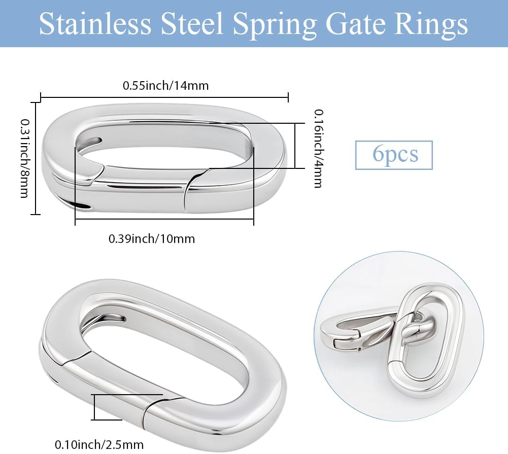 Beebeecraft 6Pcs 0.55x0.32 Inch Spring Gate Rings Stainless Steel Oval Jewelry Clasp Connector Carabiner Clip Closure Silvery for Necklace Bracelet Making DIY Crafts