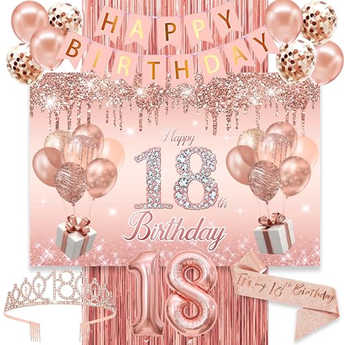 Image of 18th Birthday Decorations for Girls,rose gold happy birthday banner,happy 18th birthday Backdrop, it's my 18th Birthday Sash, Sweet Rhinestone Tiara Crown,18th Balloons, Rose Gold
