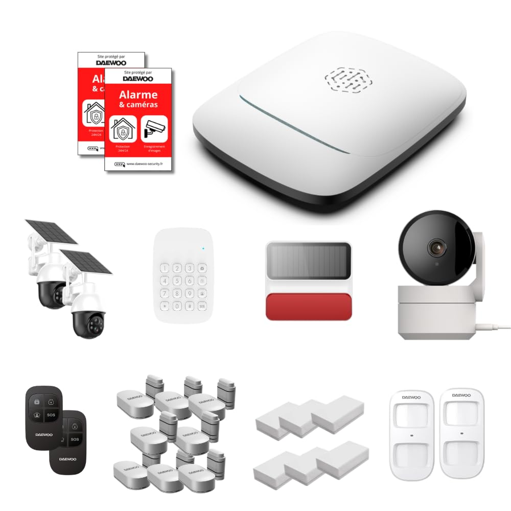 Daewoo - Pack Alarme Maison sans Fil Elite PA574 (Tranquillité+) - Centrale PA501Z - 20 Accessoires + 2 Caméras solaires Motorisées & 1 Intérieure - Passerelle Zigbee - WiFi/GSM sans Abonnement