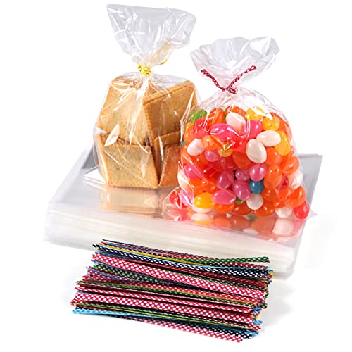 ihaspoko 200 piezas Bolsas Transparentes para Chuches, Bolsas Celofan Transparente con 200 piezas lazos para Caramelos Galletas Dulces (15x10cm) Cover