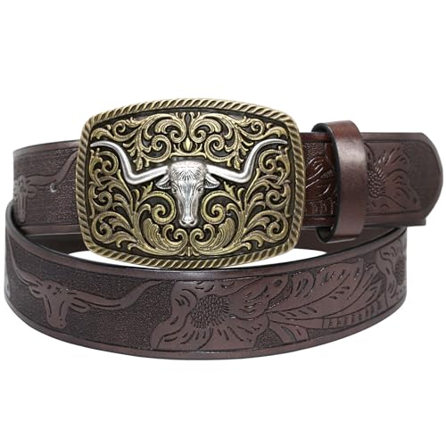 Western Cowboy Genuine Leather Belt – Floral Embossed with Longhorn Buckle2