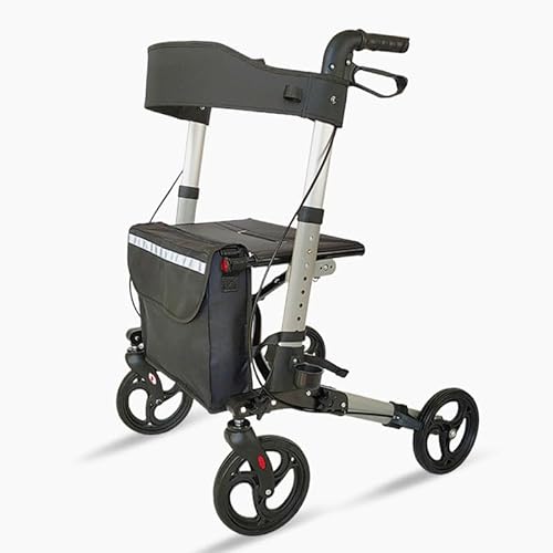 4輪アルミニウム製折りたたみ式ローラートローラー(座面と杖ホルダー付き)、高齢者向け