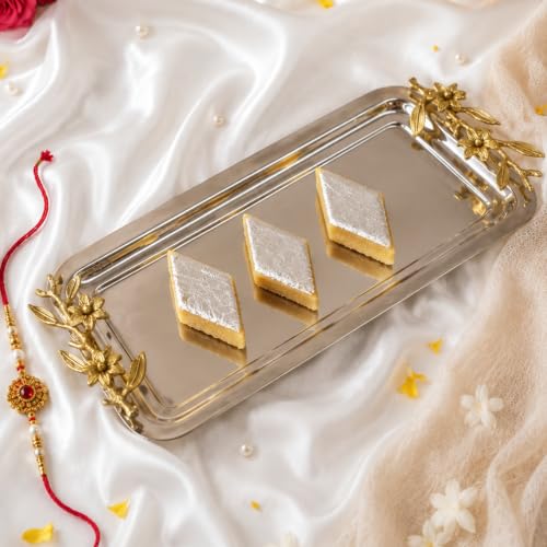 Image of BEHOMA Royal Rectangular Serving Platter, 15.5 inch | Rectangular stainless steel platter with brass leaf handle, 15.5 inch; elegant Durga Puja serveware.