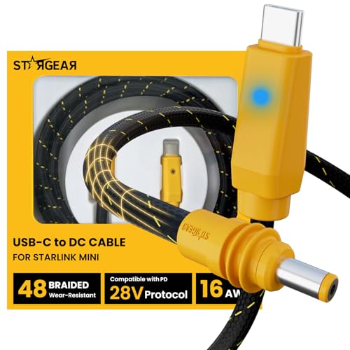 Starlink Mini Cable 6.5FT, 16AWG Starlink Cable with Indicator Light 140W USB C to DC, Braided Wear-Resistant Accessories for Starlink Work with 20V/65W, 20V/100W, 28V/140W PD Power Source (Yellow)