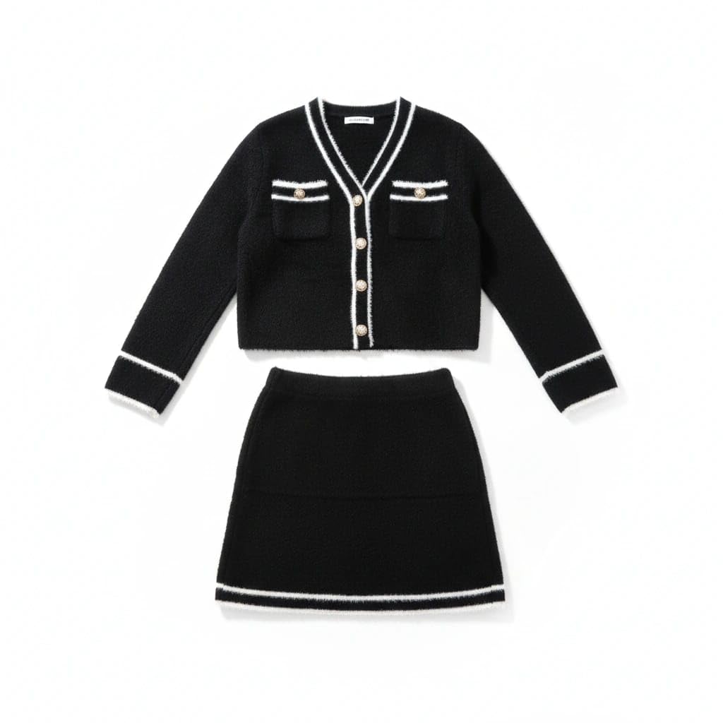 Women's Two Piece Dress Set, Black and White Pattern, Wool Blend, Long Sleeve Jacket with Toggle Buttons and Matching Skirt, Classic Formal Style