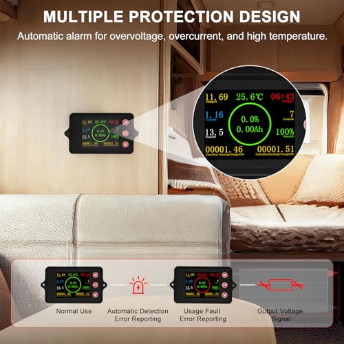Batteriewächter 50A batterie monitor DC8-100V batteriemonitor Amperemeter Spannung Messgerät battery guard Farbbildschirm mit 50A Manganin Shunt Temperatursensor und Alarmfunktionon