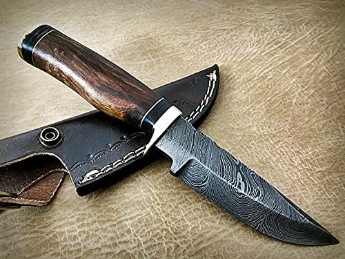Miniatura 4 de Cuchillo de hoja fija de acero de Damasco con funda de cuero, escala de madera redonda con protector de dedo de latón y tapa, cuchillo de piel de 8