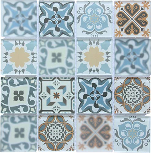 300x300mm Blue Patterned Glass Mosaic Tile Sheet (MT0179)