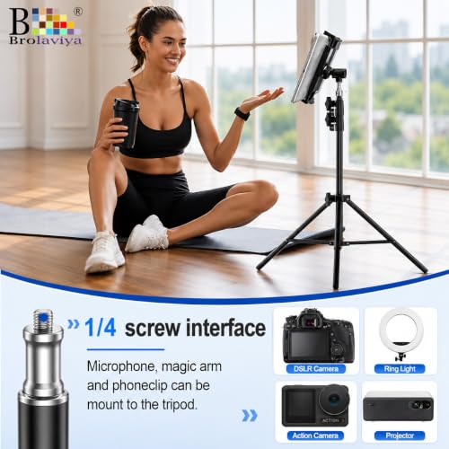 Image of BROLAVIYA Tablet Tripod Floor Stand, Adjustable up to 75 inch, Fits 4.7 inch-12.9 inch Phones & Tablets, Compatible with iPad Pro /Air /Mini, Galaxy Tab, for Live Streaming, Office, Cooking & Fitness