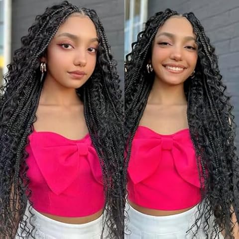 Suntefic Knotless Boho Braided Wigs for Black Women Double Full Lace Boho Box Braid Wig Human Hair Blended Glueless Goddess Braided Wigs with Baby Hair Bohemian Curly Ends Natural Black...3 Cover