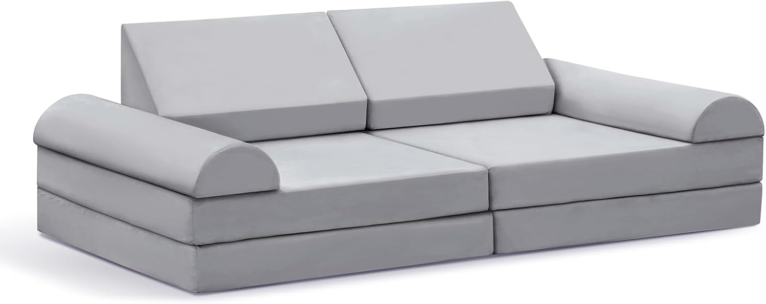 Modular Kids Play Sofa Set, 8pcs Convertible Play Couch for Playroom Bedroom – Multi Purpose, Soft Safe, Grey – Fun for Children