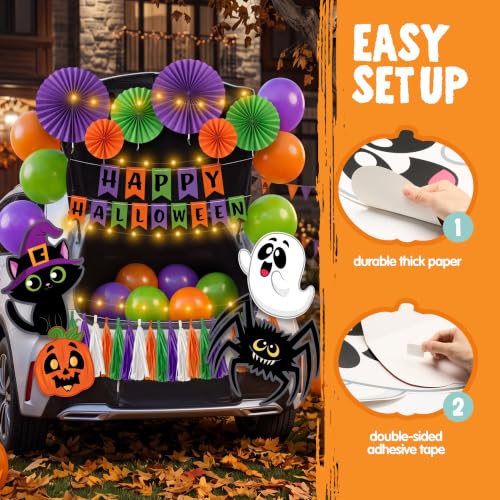 Image of JOYIN Halloween Trunk or Treat Car Decorations Kit with Happy Themed Design, Garage Archway Decor with Banner, Paper Fans, Balloons, Tassel and Pumpkin Stickers