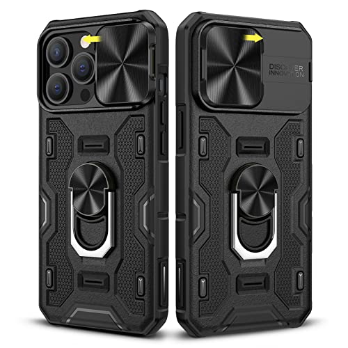 Caka for iPhone 13 Pro Case, iPhone 13 Pro Phone Case with Camera Cover & Kickstand with Built-in 360Â°Rotate Ring Stand Magnetic Magnet Protective Phone Cover Case for iPhone 13 Pro -Black