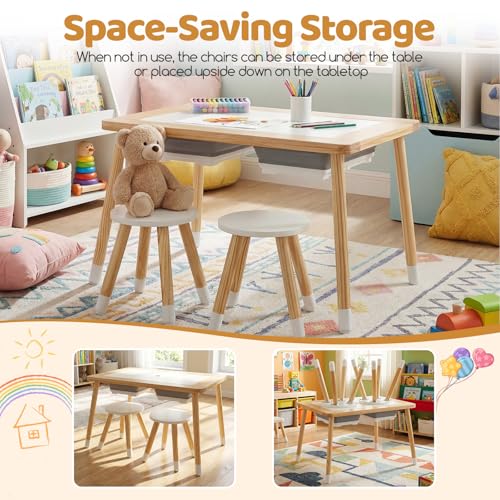 Image of Costzon Toddler Sensory Table and Chairs, Wooden Table and Chair Set w /Double-Sided Boards & 2 Foldable Storage Bins, All-in-One Kids Activity Table for Draw, Sand, Water Play (3 PCS,Natural & White)