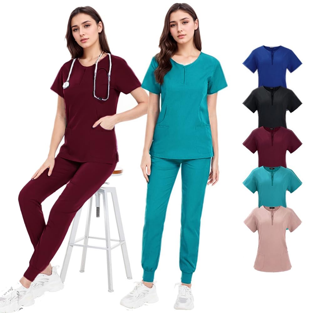 Conjunto de uniformes médicos de enfermera con cuello redondo y 4 bolsillos, pantalón ajustado y elástico DK07