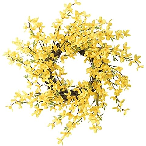 20 Inch Yellow Forsythia Wreath Fall Front Door Wreath Flower Farmhouse Rustic Grapevine Wreath Blossom Cluster Wreath for Festival Celebration Front Door Wall Window Party Decoration Home Décor Cover