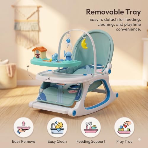 Image of StarandDaisy Dreamy Baby Rocker Chair with Play Tray, Mosquito Net & Toy Bar | Adjustable Recline, 3-Point Safety Harness | Infant Rocking Seat, Feeding Chair for Newborns & Toddlers 0-3 Years (Green)
