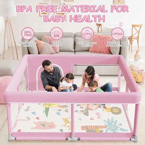 Image of XVISHX Baby Playpen with Mat, 50 x 50 Inch Playpen for Babies and Toddlers, Baby Playard for Indoor & Outdoor Active Center Game Fence, with Skin-Friendly Fabric and Soft Breathable Mesh, Pink