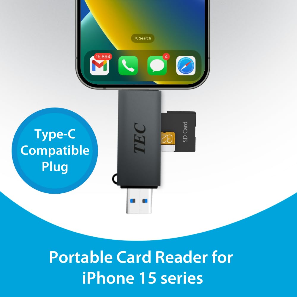 TEC Lector de tarjetas 2 en 1 USB-C/USB 3.2 MicroSD y adaptador de lector de tarjetas SD con doble salida USB. Compatible con iPhone 15 Pro Max, MacBook Pro/Air, Chromebook, Galaxy y más. Ideal para