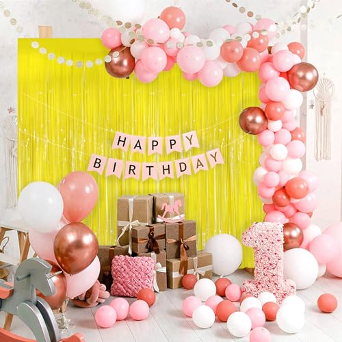 Image of Macaron Yellow Metallic Tinsel Foil Fringe Curtains, 2Pack 3.3x8.3 Feet Streamer Backdrop Curtains for Birthday Wedding Party Decorations, Halloween Decor, Foil Curtain Backdrop for Bachelorette Party
